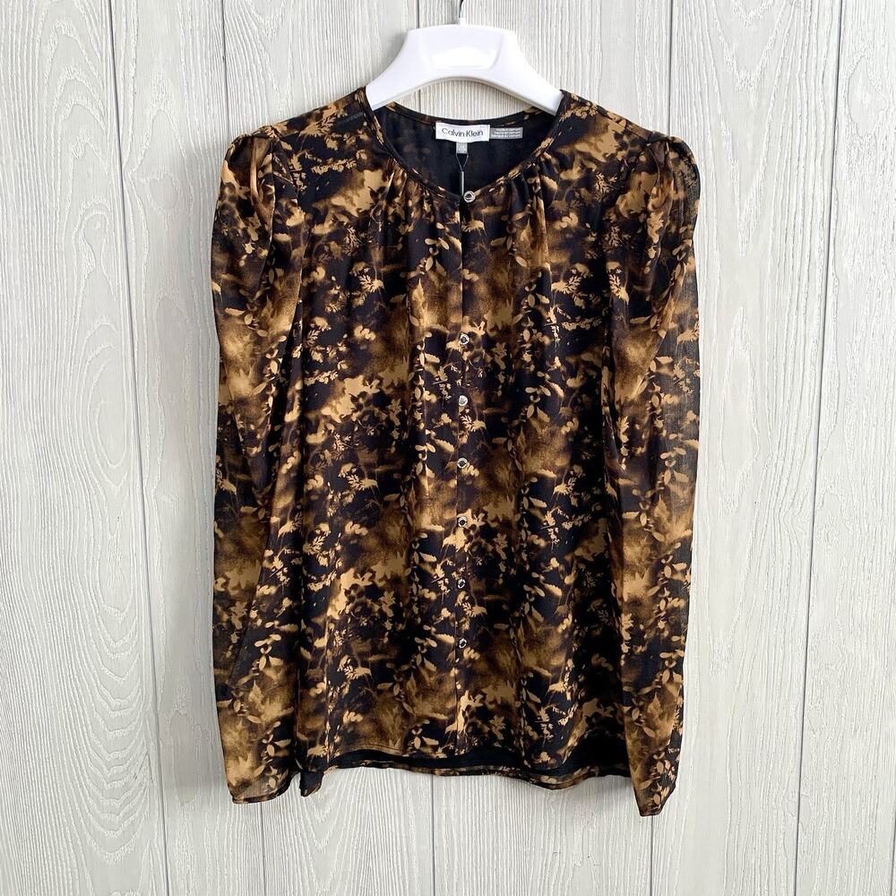 Calvin Klein Brown Black Long Sleeve V-Neck Top XS NWT